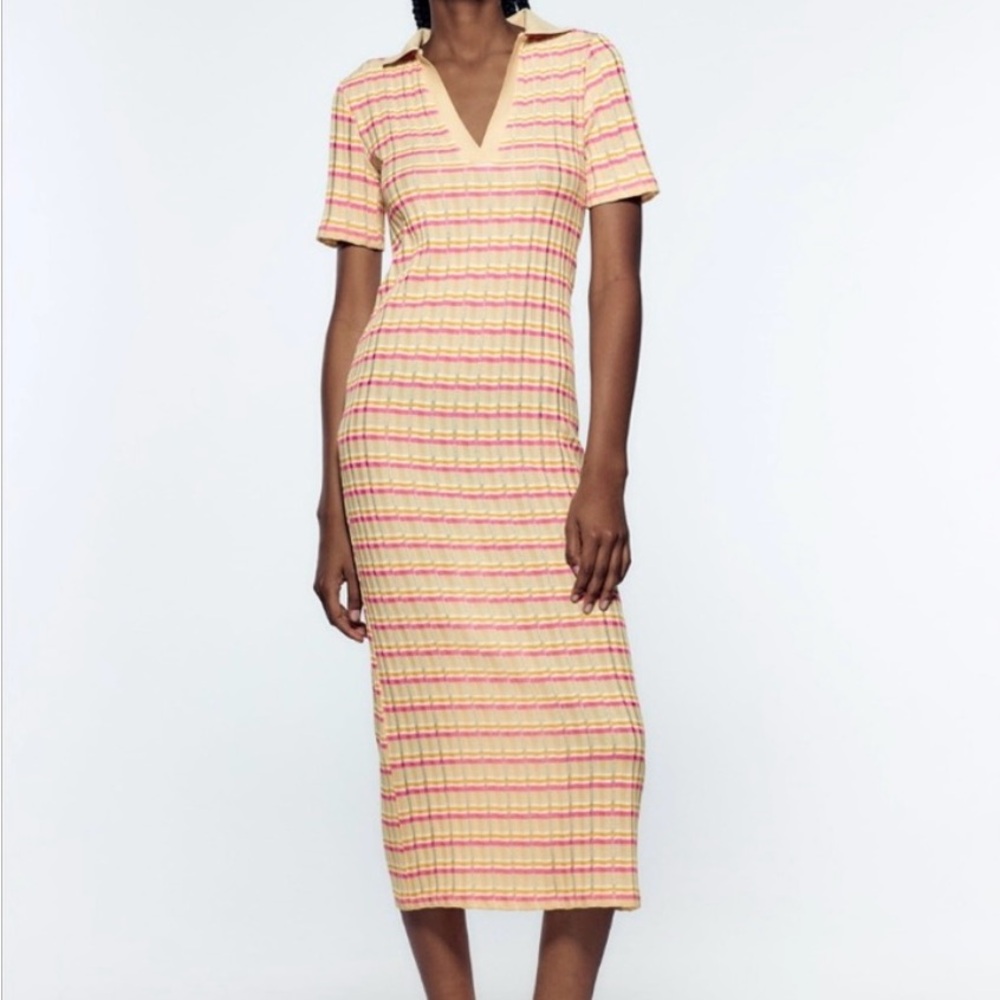 Zara Yellow and Pink Striped Midi Dress